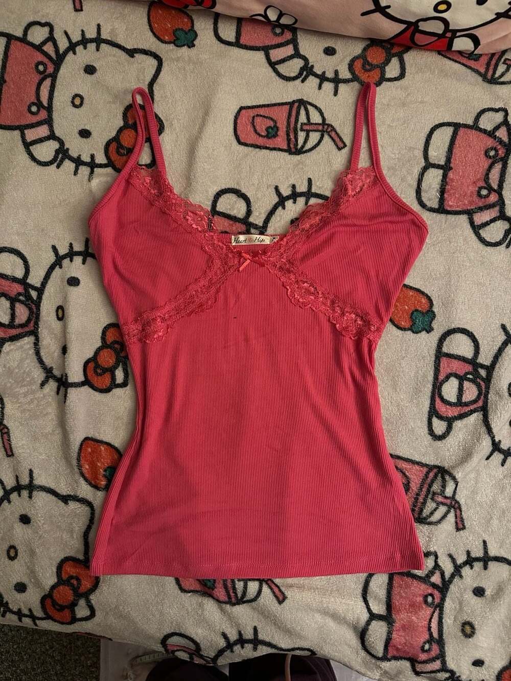 Heart & Hips Pink Ribbed Lace Trim Cami Tank Top Medium Y2K Coquette
